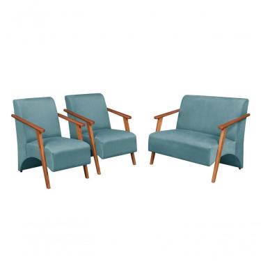Imagem de Conjunto Venus Braços Em Madeira Maciça 1 Namoradeira 2 Poltronas Suede Acqua