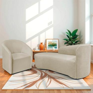 Imagem de Kit Sofá Curvo França 140cm L.e E Poltrona Luiza Max Conforto, Elegância E Design Moderno Linho Bege