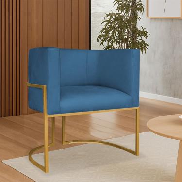 Imagem de Poltrona Dália Luxo Moderna Estofada Design Sofisticado Com Base De Ferro Dourado Linho Azul Royal