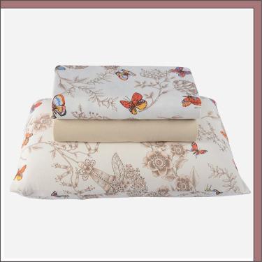 Imagem de Jogo De Cama Lençol Em Malha Solteiro Borboleta 3 Peças - Bege - 100% Poliéster