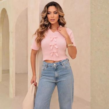 Imagem de Blusa Tricot Com Laços e Gola Polo Feminina Revanche Leysin, Rosa clar