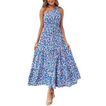 Imagem de Vestido Maxi Floral Azul com Nó e Ombro Único Feminino PRETTYGARDEN M