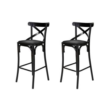 Imagem de Conjunto 2 Banquetas Katrina com Encosto em Aço Preto Assento Corano para Bancada de Co...