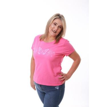 Imagem de Camiseta Feminina Rosa Pink Estampa Borboleta Relevo - Rico Sublime, P