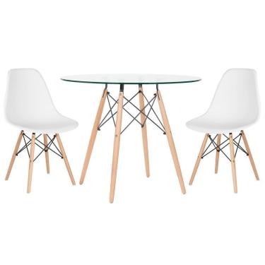 Imagem de Mesa Redonda Eames Com Tampo De Vidro 90 Cm + 2 Cadeiras Eiffel Dsw Branco
