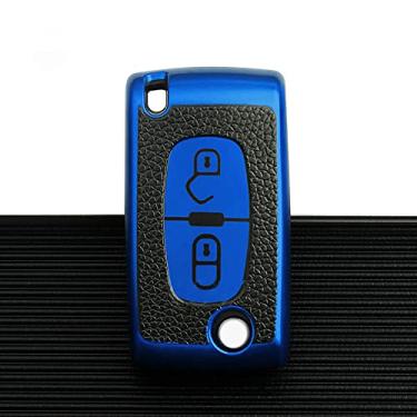 Imagem de CSHU Couro TPU 2 3 Botões Car Key Case Cover Chaveiro Ring Key Bag, apto para Peugeot 107 207 307 307S 308 407 607 Citroen C2 C3 C4 C5 C6 C8,2 botão azul