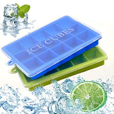 Imagem de Pacote com 2 bandejas de cubo de gelo de silicone, libere moldes flexíveis de cubos de gelo, 15 cubos de gelo quadrados para refrigerar coquetéis de uísque, reutilizáveis e livres de BPA, flexíveis empilháveis e duráveis moldes de cubo de gelo macios (azul + verde)