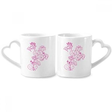 Imagem de Conjunto de canecas de porcelana para casal de flores de lótus folha de lótus com alça de coração