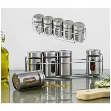 Imagem de Porta Temperos Condimentos em inox saleiro pimenta com suporte - 6 peças