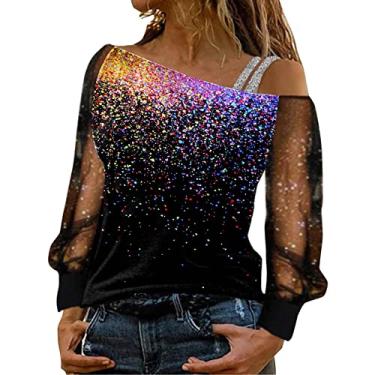 Imagem de Aniywn Camiseta feminina de manga comprida com ombro de fora e lantejoulas de malha com glitter, blusa de festa, clube, blusa Y2K, A7 - roxo, M