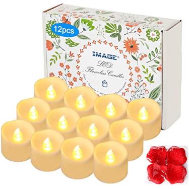 Imagem de IMAGE Luzes de chá com bateria com velas cintilantes, 12 peças, 6 horas ligadas e 18 horas desligadas em ciclo de 24 horas, sincronizando automaticamente, luzes de LED com 100 peças de pétalas de rosa