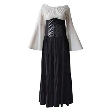 Imagem de Vestido renascentista feminino ombro de fora manga rodada saia camponesa anágua cintura preta corpete de barriga saia em camadas, Preto, Large