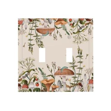 Imagem de Bege 70s Vintage Boho Cogumelo Libélula Decorativa 2 Gangs Decorador Saída Interruptor de Luz Fungo Samambaia Planta Floral Botânico Interruptor Duplo Dispositivo Elétrico Face Parede Placa Capa