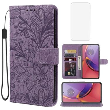 Imagem de Gufuwo Capa para Moto G84, Motorola G84 XT2347 Capa carteira com protetor de tela de vidro temperado, flor de renda PU couro flip porta-cartão de crédito capa para celular para Motorola Moto G84 5G