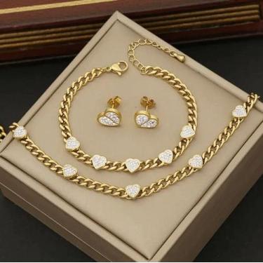 Imagem de Kit cordão + pulseira + par de brincos feminino- banhado a ouro 18k - 