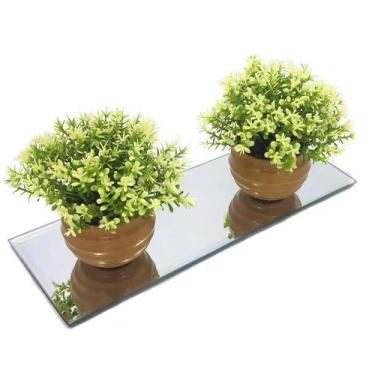 Imagem de Kit decoração plantas artificiais decorativas com base em espelho vaso