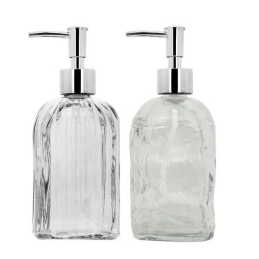 Imagem de Kit Banheiro Porta Sabonete Líquido Vidro Clear Geo 500ml 2 Unidades - Tuut