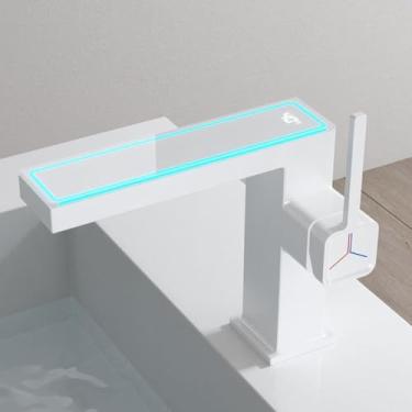 Imagem de Torneira de pia com display digital inteligente, torneira de banheiro quente e fria toda em cobre com display de temperatura, luz de atmosfera panorâmica, com 2 tubos de abastecimento de água