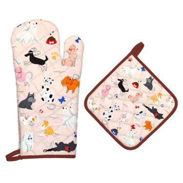 Imagem de Arquiel Conjuntos de luvas de forno e suportes de panela para cães, 2 peças, 100% algodão, resistentes ao calor, luvas de forno extralongas para cozinha, cozinha, panificação, decoração