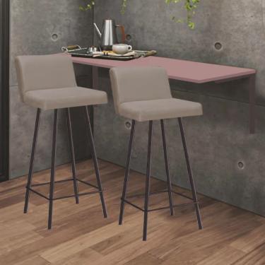 Imagem de Kit Mesa Suspensa de Parede Fixa mdf Rosa + 2 Banquetas Lexi Ferro Marrom Suede Bege - Ahazzo Móveis