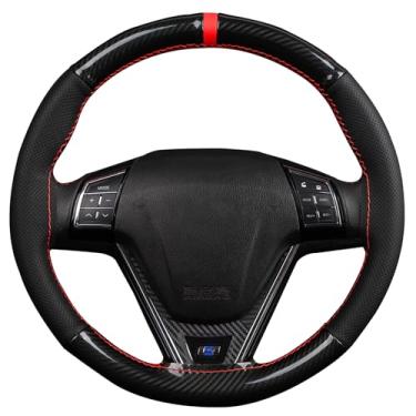 Imagem de Capa de volante Stitch On Steering Wrap de fibra de carbono brilhante e couro de microfibra, design de 4 painéis com marca corretiva, ajuste universal para a maioria dos carros, vermelho A