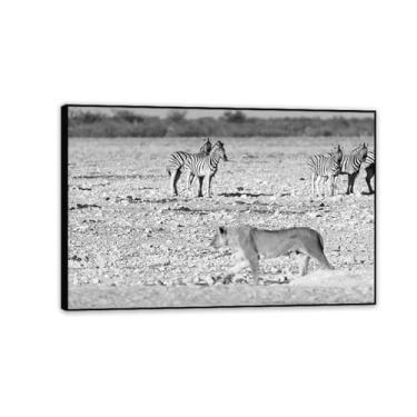 Imagem de Arte de parede em tela zebra grande, imagens de zebra da natureza Leão feroz, impressões em tela de animais selvagens africanos preto e branco giclée moderno emoldurado para decoração de sala de estar