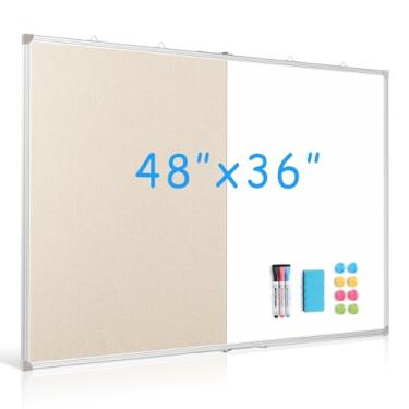 Imagem de DOLLAR BOSS Quadro de cortiça de linho dobrável, quadro branco 122 x 91 cm, quadro branco magnético extra grande, apagável a seco, quadro de avisos portátil com moldura de alumínio dupla face para
