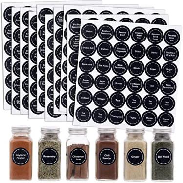 Imagem de OIIKI 432 etiquetas de especiarias, etiquetas pretas de especiarias de 3,5 cm para cozinha, adesivos impermeáveis redondos pré-impressos para especiarias e etiquetas em branco para frascos, tampas, recipientes de alimentos, organizadores de especiarias (12 folhas)