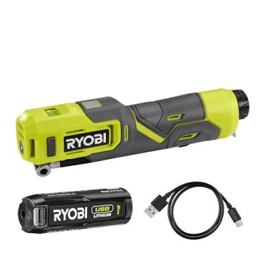Imagem de Ryobi Compressor de bateria recarregável RI4-120G com USB-C para inflação rápida de pneus de bicicleta e bolas esportivas de até 100 PSI, tela de LED retroiluminada, 1 bateria de 2,0Ah incluída