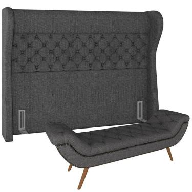 Imagem de Kit Cabeceira Cama Box Casal 195cm Madrid Com Puff Recamier Santorini Linho Chumbo