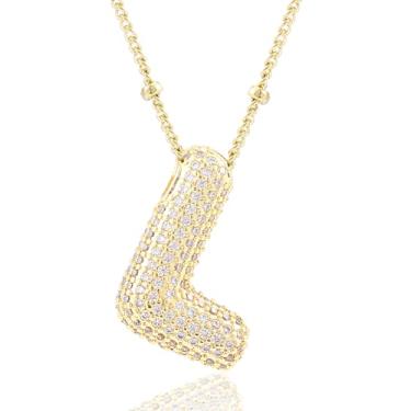Imagem de CCINPPY Colar com letras, banhado a ouro 14 k, balão de bolha, colar delicado para mulheres, pingente de inicial grosso, pingente de nome, colar personalizado, Letter-F, Latão, Zircônia cúbica