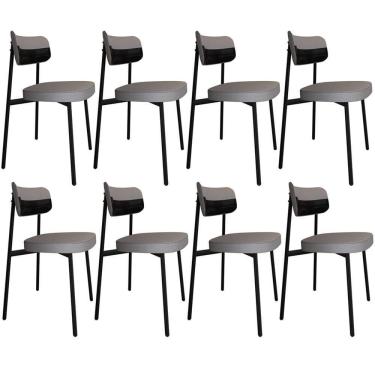 Imagem de Kit 08 Cadeiras Estofada Para Sala De Jantar Astrid Preto C01 Linho Cinza Courino Preto - Lyam Decor