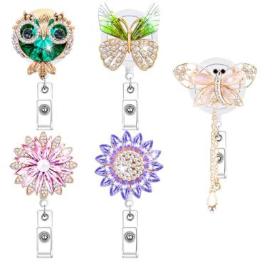 Imagem de Enfermeira Enfermeira Glitter Cristal Carretel de Crachá Retrátil a granel 5 peças Bonito Estudante de Enfermagem Bling Strass Badge Clip Pack Flor Médica Coruja Borboleta