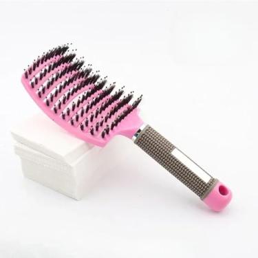 Imagem de Pente para cabelo molhado e cacheado, escova desembaraçadora para massagem no couro cabeludo feminino, pente fofo para salão de cabeleireiro, ferramentas de modelagem (rosa - com cerdas)