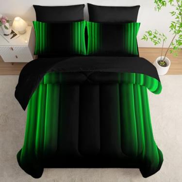 Imagem de Jogo de cama King com edredom verde e preto, abstrato, ombré, conjunto de 7 peças em uma bolsa, decoração de arte escura, todas as estações, com fronhas, lençol de cima