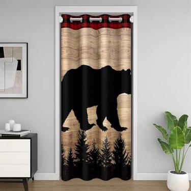 Imagem de Cortina de porta com silhueta de urso preto selvagem, pinheiros, animais selvagens, privacidade para crianças, adolescentes e adultos, listras de madeira, retrô, grade vermelha, cortina de cabine