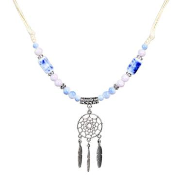 Imagem de Zlanderah Colar hippie de contas de cerâmica azul e branco com pingente de apanhador de sonhos, colar longo boho para mulheres na moda, joias boêmias, presentes para mulheres, vestido de verão boho