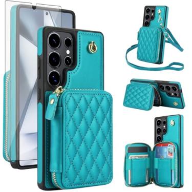 Imagem de Capa de celular para Samsung Galaxy S24 Ultra 5G com protetor de tela de vidro temperado, alça transversal de pulso, bloqueio RFID, suporte para cartão de crédito TPU S24Ultra 24S S 24 24Ultra