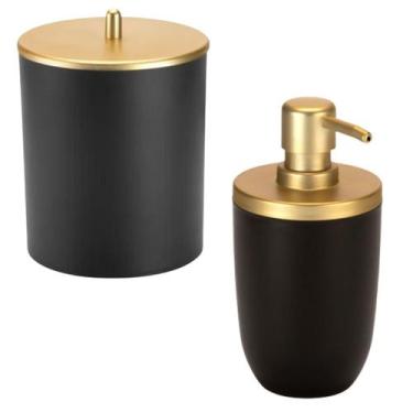 Imagem de KIT BANHEIRO COZINHA ARTHI porta sabonete e lixeira, Preto/Dourado