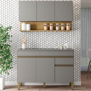 Imagem de Balcão Com Tampo E Armário Aéreo 120 Cm Line Gris Ktp Gris Cp Freijo