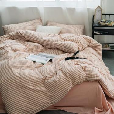 Imagem de mixinni Conjunto de edredom xadrez de guingão rosa, 3 peças, 1 edredom rosa com 2 fronhas para todas as estações, lençol com estampa de grade moderna macia e fofa - tamanho casal