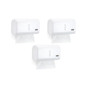 Imagem de 3 Kit Toalheiro Urban Compacto Dispenser Papel Toalha Interfolhado Design Moderno Segurança Visor Trava Segurança Manual Banheiro Cozinha Escritório Empresa Clínica (3, Branco)