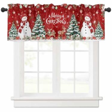 Imagem de CosyBright Merry Christmas Cortina curta para janela, árvore de Natal, boneco de neve, bolso de varão, para janelas, 137 x 45 cm, cervo, vermelho, para quarto, banheiro, café