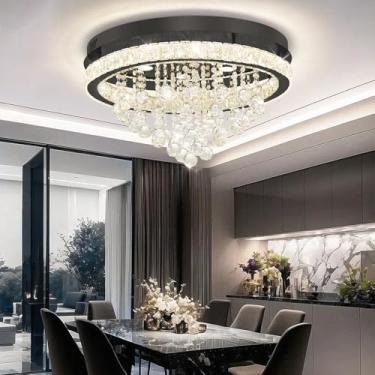 Imagem de Shial Lighting Dia 61.0 cm Lustres de cristal modernos para sala de jantar, lustre de gota de chuva preto Lustres de montagem embutida para sala de estar quartos sala de jantar regulável 2700k 4500k