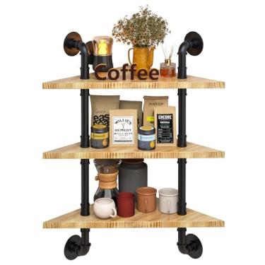 Imagem de MVPSONAG Prateleiras de tubos industriais – Prateleiras de canto montadas na parede, prateleiras flutuantes de canto de madeira maciça de 3 camadas, prateleira em forma de L para banheiro, quarto