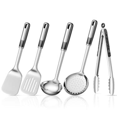 Imagem de Conjunto de 5 utensílios de cozinha, utensílios de cozinha de aço inoxidável, utensílios de cozinha incluem espátula sólida e ranhurada, concha de sopa, batedor de ovos, pinças, escumadeiras