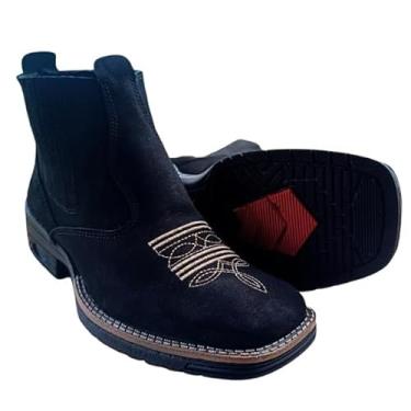 Imagem de Bota Texana Masculina Curta em Couro Nobuck Preto Bordado Bege Elástico Solado em Borracha (29,5, BR, Adulto, Numérico, 42)