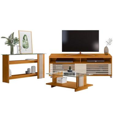 Imagem de Rack Bancada Com Aparador E Mesa De Centro Frizz Cross Cinamomo Off White - Madetec