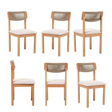 Imagem de Kit 6 Cadeiras com Encosto Corda Assento Estofado Florença Rami/Cru/Verniz Mel