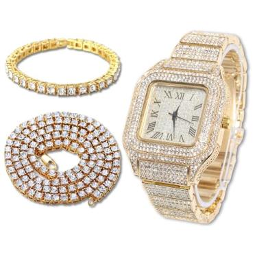 Imagem de richhut Relógio de diamante masculino masculino - mostrador quadrado - pulseira de 20 mm de largura banhado a ouro real 18 k ouro branco banhado a platina, com conjunto de corrente de tênis opcional